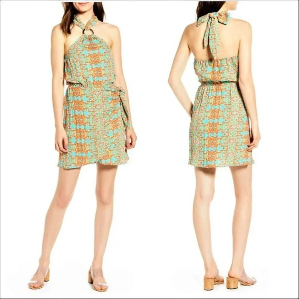 Moon River Women's Multicolor Sleeveless Halter Summer Dress Size XS